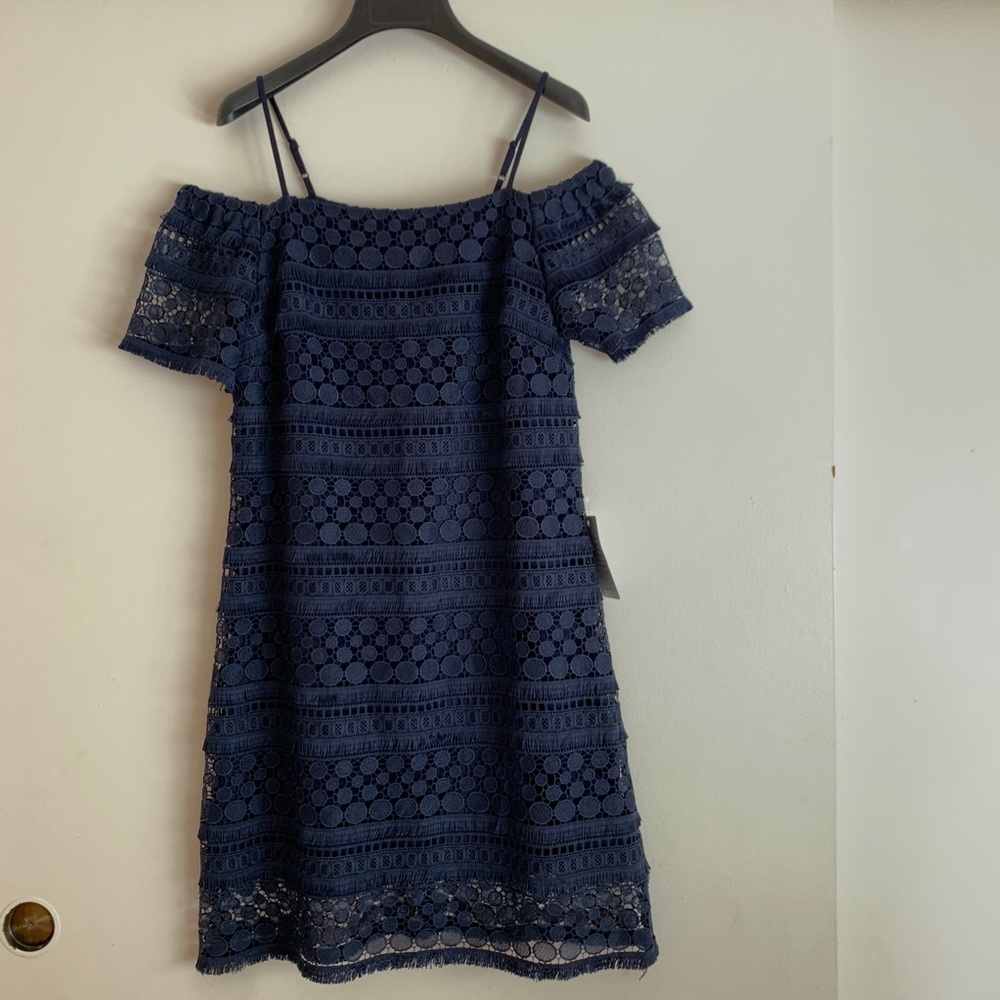 NWT Tahari navy blue crochet lace off-the-shoulder spaghetti strap dress